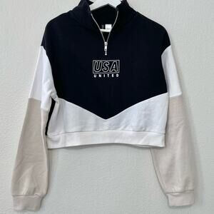 H&M Divided Womens Black USA Quarter Zip Coloblock Crop Sweater Size Small Top